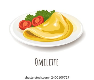 Traditional omelette with vegetable. Isolated plate with tomatoes, piece of lettuce and dish made from eggs, fried with butter or oil. Healthy and rational food for nutrition. Vector in flat style