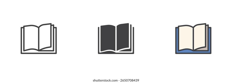 Livro aberto tradicional com conjunto de ícones de páginas visíveis. Inclui linha, glifo sólido e versões coloridas de contorno preenchido. Ícone de livro de leitura, literatura e biblioteca.