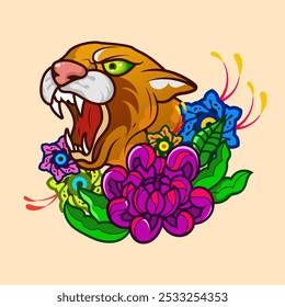 tatuaje de pantera salvaje naranja tradicional vintage y elemento de diseño de ilustración de flores icono de mascota de tatuaje de la vieja escuela animal salvaje camiseta, ropa.