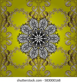 Traditional orient ornament, classic vintage background. Seamless pattern on yellow background with golden elements. Seamless classic vector golden pattern.
