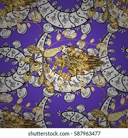 Traditional orient ornament, classic vintage background. Seamless pattern on violet background with golden elements. Seamless classic vector golden pattern.