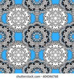 Traditional orient ornament. Classic vintage background. Seamless classic vector white pattern. Seamless pattern on blue background with white elements.