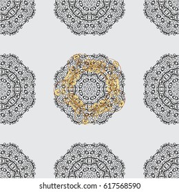 Traditional orient ornament, classic vintage background. Seamless pattern on gray background with golden elements. Seamless classic vector golden pattern.
