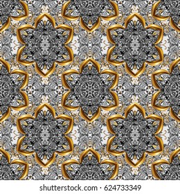 Traditional orient ornament, classic vintage background. Seamless pattern on gray background with golden elements. Seamless classic vector golden pattern.