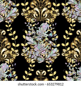 Traditional orient ornament, classic vintage background. Seamless pattern on black background with golden elements. Seamless classic vector golden pattern.