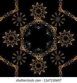 Traditional orient ornament. Golden pattern on black, brown and beige colors with golden elements. Classic vintage background. Seamless classic vector golden pattern.