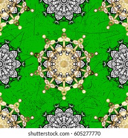 Traditional orient ornament. Pattern on green background with golden elements. Classic vector golden pattern. Vector illustration. Classic vintage background.