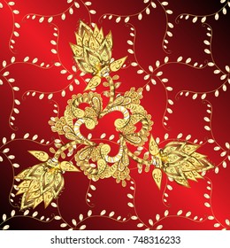 Traditional orient ornament. Pattern on red, brown and yellow colors with golden elements. Classic vintage background. 