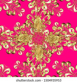 Traditional orient ornament. Seamless classic vector magenta and beige and golden pattern. Classic vintage background.