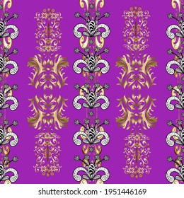 Traditional orient ornament. Seamless classic vector golden pattern. Classic vintage background. Seamless pattern on black, violet and white colors with golden elements. Vector illustration.