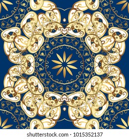 Traditional orient ornament. Seamless pattern on blue, beige and white colors with golden elements. Classic vintage background. Seamless classic vector golden pattern.
