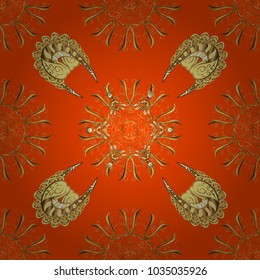Traditional orient ornament. Seamless pattern on orange, yellow and brown colors with golden elements. Classic vintage background. Classic vector golden seamless pattern.