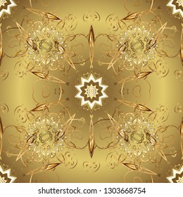 Traditional orient ornament. Seamless pattern on yellow and neutral colors with golden elements. Classic vintage background. Seamless classic vector golden pattern.