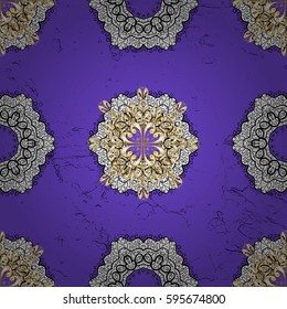 Traditional orient ornament. Seamless pattern on violet background with golden elements and white doodles. Classic vintage background. Seamless classic vector golden pattern.