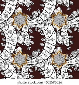 Traditional orient ornament. Seamless pattern on brown background with golden elements and white doodles. Classic vintage background. Seamless classic vector golden pattern.