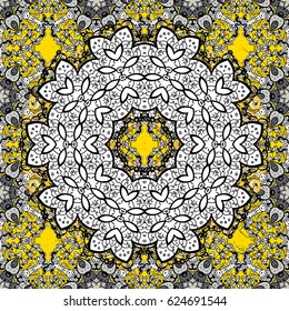 Traditional orient ornament. White pattern on yellow background with white elements. Classic vintage background. Classic vector white pattern.