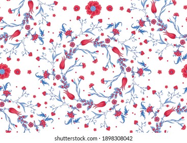 Traditional oriental, arabic pattern of blue and red flowers isolated on white background. Vector illustration.