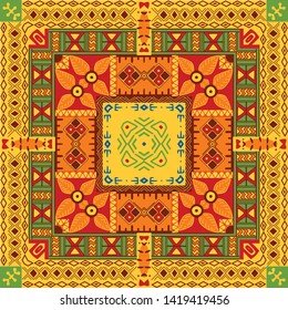 Traditional Oriental Carpet in Nomad Style. Modern variation of the Eastern pattern adaptation for the decoration of silk scarf. Vintage, Bo ho chic. Gypsy, Indian and African motifs