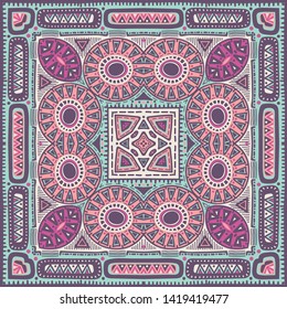 Traditional Oriental Carpet in Nomad Style. Modern variation of the Eastern pattern adaptation for the decoration of silk scarf. Vintage, Bo ho chic. Gypsy, Indian and African motifs