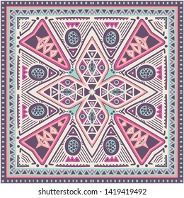 Traditional Oriental Carpet in Nomad Style. Modern variation of the Eastern pattern adaptation for the decoration of silk scarf. Vintage, Bo ho chic. Gypsy, Indian and African motifs