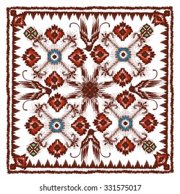 Traditional Oriental Carpet in Nomad Style, Kilim. Modern variation of the Eastern pattern adaptation for the decoration of silk scarf. Vintage, Boho chic. Gypsy, Indian and African motifs. 