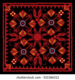 Traditional Oriental Carpet in Nomad Style. Modern variation of the Eastern pattern adaptation for the decoration of silk scarf. Vintage, Bo ho chic. Gypsy, Indian and African motifs. 