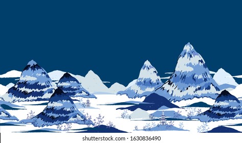 Traditional oriental chinese ink painting with blue mountains, trees. 
