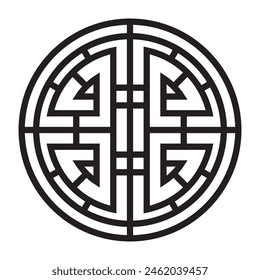 Traditional Oriental circular happiness symbol, black, asian ornament, Chinese, Japanese, Korean lucky, Four Blessings, Feng Shui.