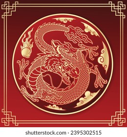 Traditional Oriental Dragon With Gold Ink in Circle Frame