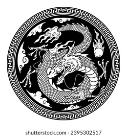 Traditional Oriental Dragon Symbol Hand Drawn in Circle Frame
