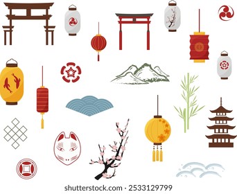 Elementos orientales tradicionales. Conjunto. Pagoda, olas, montañas, máscara kitsune y carpas koi, sakura, bambú. Ilustración vectorial