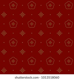 Traditional oriental golden floral design on a red background. Decorative seamless ornament. Printing block for textile, fabric, paper. Simple geometric all over motif. Vector illustration.