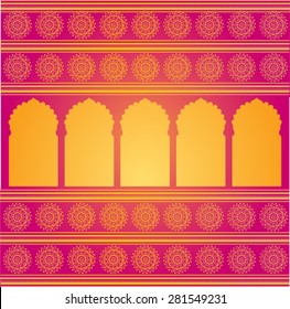 Traditional oriental golden temple gates pattern on pink background with Indian henna mandala borders