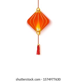 Traditional oriental and hanging red glowing Chinese lantern. Red paper Chinese lantern for holidays, for celebrating and decorating for the New Year. Isolated vector illustration.