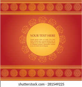 Traditional oriental henna style round elephant banner with space for text on red background with Indian henna mandala borders