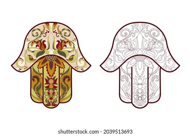 Traditional Oriental or Indian amulet of symbol of good luck and happiness Hamsa, hand of David, with stained glass or mosaic ornaments. Clipping kit and coloring book. Isolated vector illustration