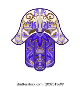 Un amuleto tradicional oriental o indio es un símbolo de buena suerte y felicidad Hamsa, la mano de David, con vitrales o adornos de mosaicos en azul y violeta. Ilustración vectorial aislada