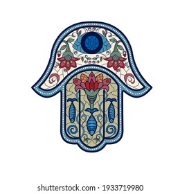 Traditional oriental or Indian sacred amulet of a religious symbol-Hamsa, hand of David,  with an ornament in the style of stained glass or mosaics. Vector illustration isolated on a white background