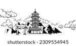 Traditional oriental Japanese building landscape. Vector hand drawn black and white with torii gate and mountains. Sketch drawing illustration design.