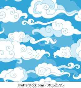 Traditional oriental ornament. Clouds on blue sky. Vector seamless pattern
