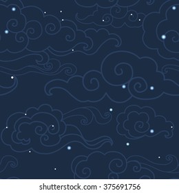 Traditional oriental ornament in dark blue tones. Clouds on the sky. Vector seamless pattern