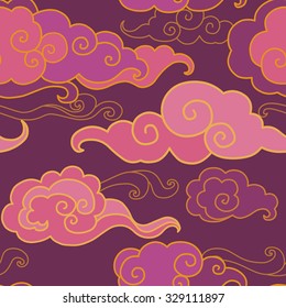 Traditional oriental ornament in purple tones. Clouds on the sky. Vector seamless pattern