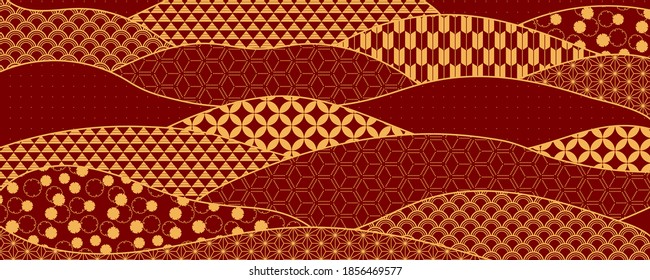 Traditional oriental patterns abstract background, gold on red. Oriental style vector illustration. Design concept for Chinese New Year, Mid autumn festival elegant minimal card, poster, banner.