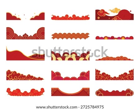 Traditional oriental red border set. Vector cloud and wave bottom frame elements for Chinese New Year flyer decoration