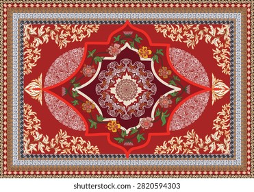 Traditional oriental rug pattern vector illustration. Classic red Persian carpet design featuring a central floral mandala medallion, ornate vine motifs, decorative lace filigree, and Greek key frame borders in multi colors.