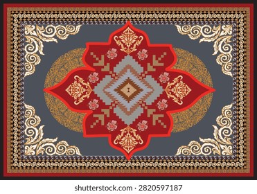 Traditional oriental rug pattern vector illustration. Persian carpet design featuring a central geometric kilim medallion, floral accents, baroque corner flourishes, and Greek key frame borders with multi colors on a dark grey background.
