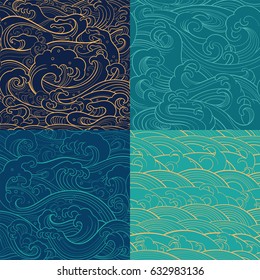 Traditional oriental seamless contour color patterns with ocean waves, foam, splashes. Vector backgrounds