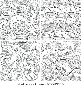 Traditional oriental seamless contour patterns with ocean waves, foam, splashes. Vector backgrounds