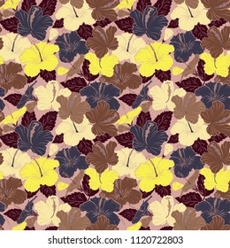 Traditional oriental seamless paisley pattern. Vector striped seamless pattern with hibiscus flowers. Decorative ornament for fabric, textile, wrapping paper. Floral wallpaper in gray and brown colors
