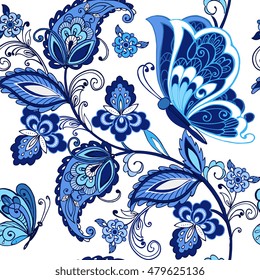 Traditional oriental seamless paisley pattern. Vintage flowers ornament with butterflies in blue colors. Decorative ornament backdrop for fabric, textile, wrapping paper.